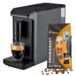 Tchibo Kaffeevollautomat Esperto mini für Caffè Crema und Espresso, nur 16cm breit, klein und kompakt, geeignet für jede Küche, Camping, Studentenapartment, Schwarz - INKLUSIVE Kaffeeprobierset GRATIS