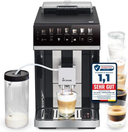 KKT KOLBE One Kaffeevollautomat mit Milchbehälter, Milchschaumdüse und Zubehör, 2 Tassen Funktion, 15 Bar, 7-stufiges Mahlwerk, Touchscreen, Automatische Reinigung, 7 Getränke, schwarz silber